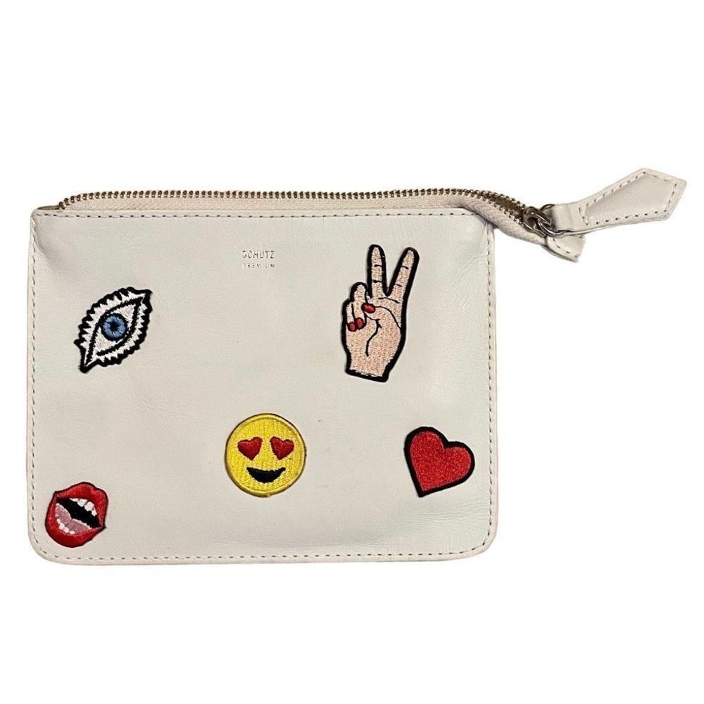 Schutz Leather Emoji Zip Pouch Gray Y2K Cosmetic Clutch NWOT